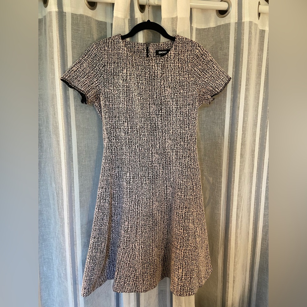 DKNY Black & White Textured Short-Sleeve Fit-and-Flare Dress